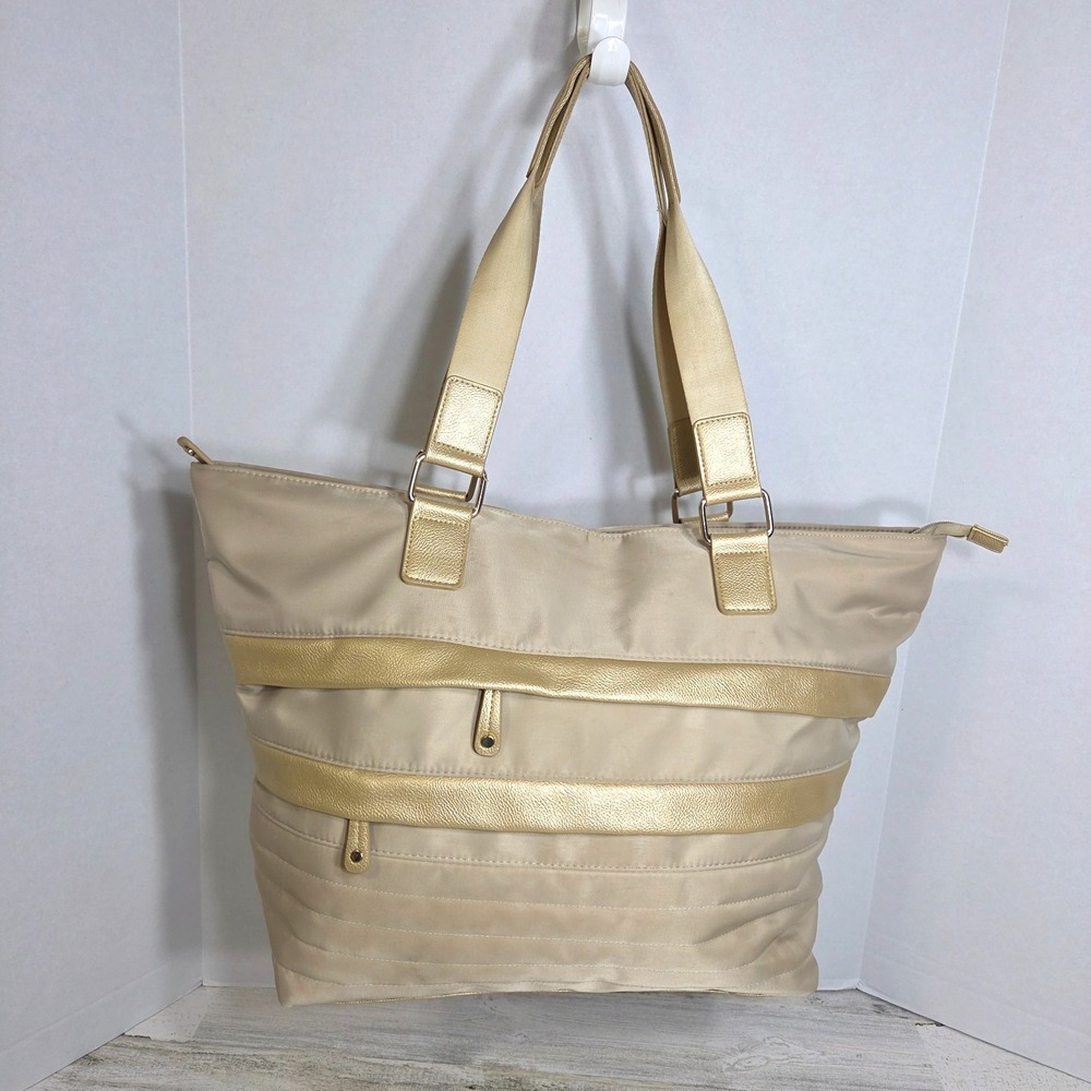 Chicos Large Tote Bag Champagne Gold Nylon Vegan Leather Weekender Travel Purse